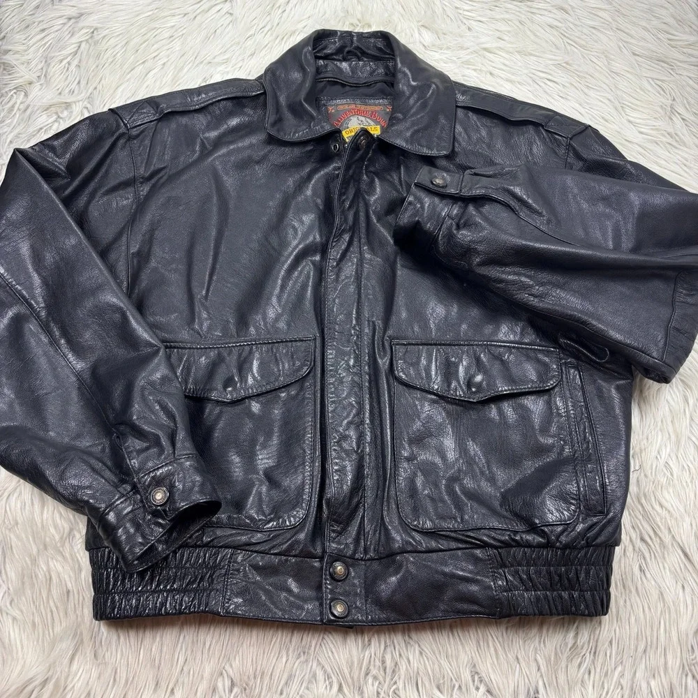 Vintage Wilson Men's L Adventure Bound Black‎ Leather Bomber Jacket Zip Aviator